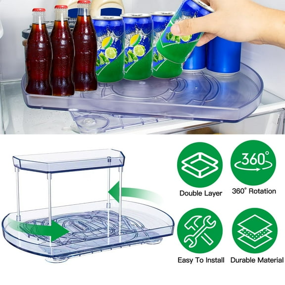 2 Tier Refrigerator Turntable Organizer, Slide and 360 Rotate Organizer and Storage for Fridge, Kitchen Countertop, 16.53'', Clear