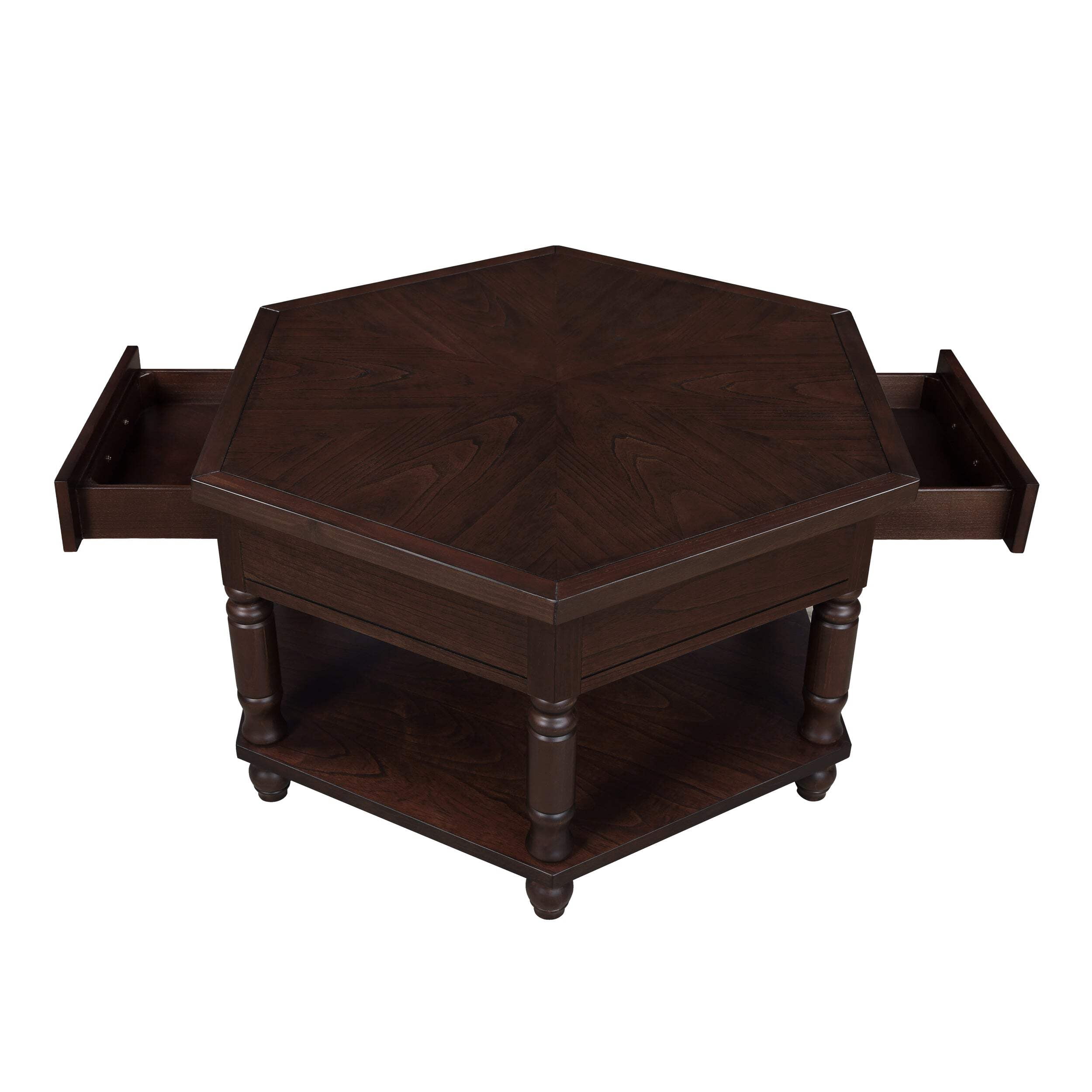 2 Tier Retro Hexagon Living Room Solid Wood Coffee Table With Shelf Drawer, 36'' Mid Century ...