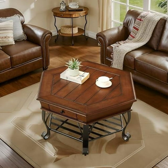 2 Tier Retro Hexagon Wood Coffee Table with Metal Leg, Farmhouse Mid- Coffee Table with Storage Shelf ＆ Drawer for Living Room(40" Dx40 Wx19 H)