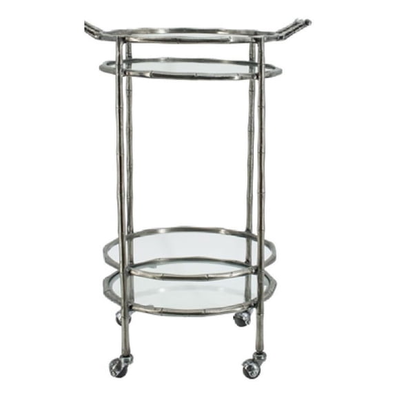 2 Tier Rolling Bar Cart- Glass Shelves- 30 Inch Bamboo Design Silver Metal