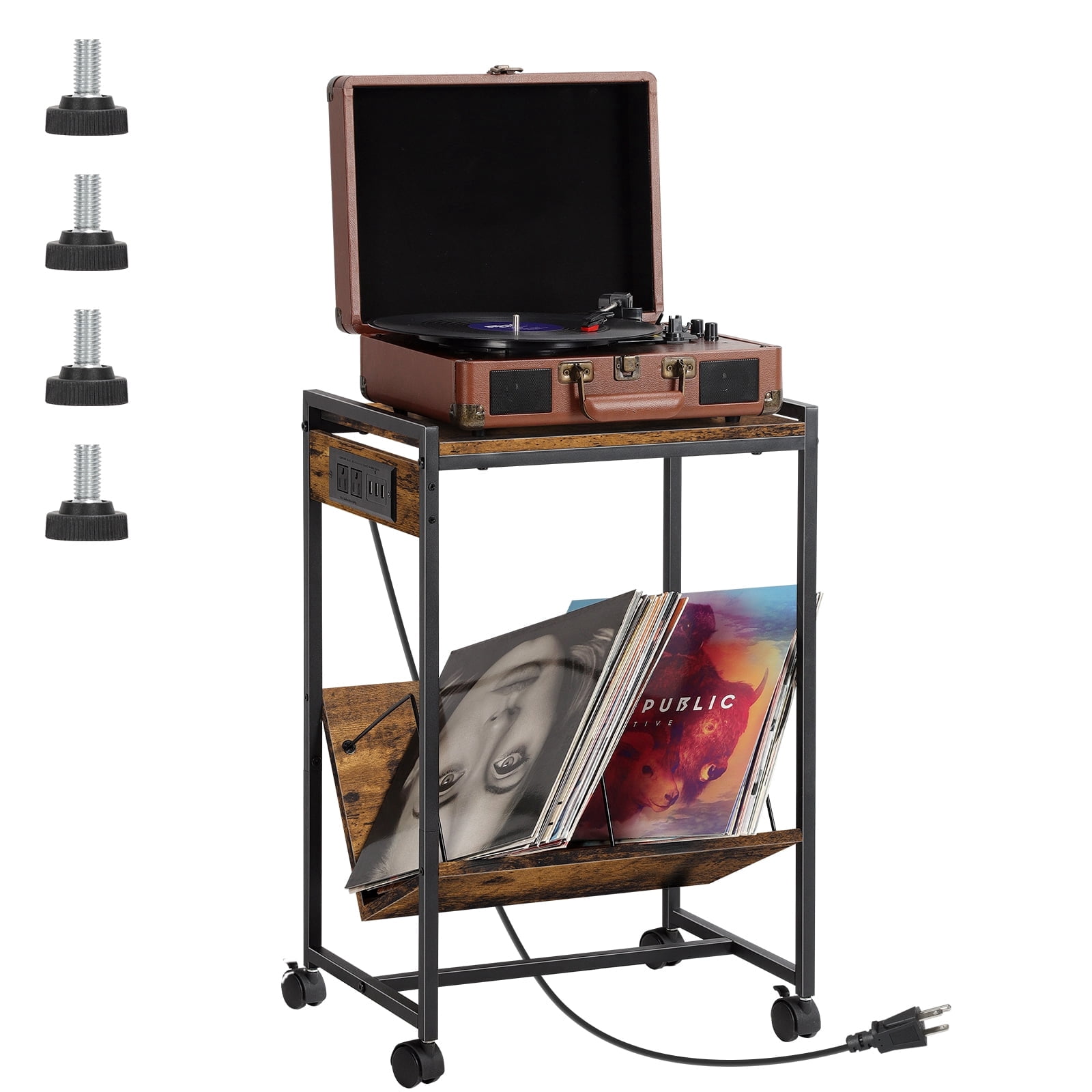 Cart Machine Player 2-Tier Rolling Cart with Charging Station, Mobile Side Table with 2 ...