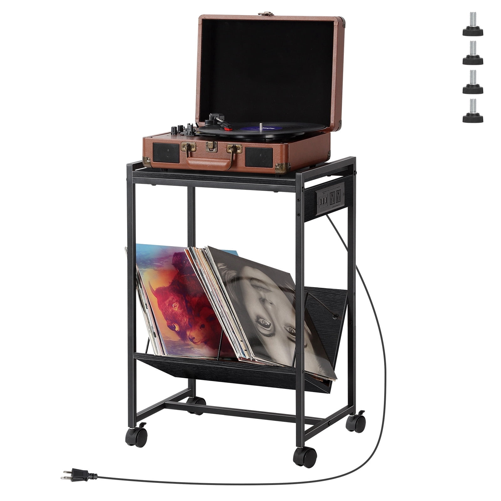 Cart Machine Player 2-Tier Rolling Cart with Charging Station, Mobile Side Table with 2 ...