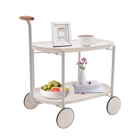 2-Tier Rolling Cart with Handle Small Bar Cart Serving Cart with Wheels Drinks Cart with Steel Frame Mobile Sofa Side Table with Trays for Home, White