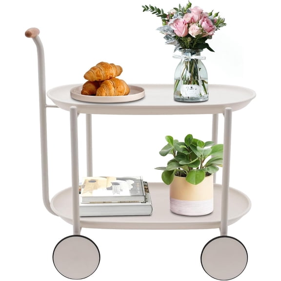 2-Tier Rolling Cart with Handle,Utility Bar Cart Serving Cart with Wheels Snack Cart, Storage Organizer Cart Sofa Side Table for Home Kitchen Car (White)