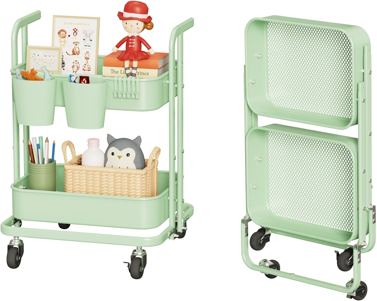 2 Tier Rolling Cart, Metal Utility Cart with Wheels, Foldable Under ...