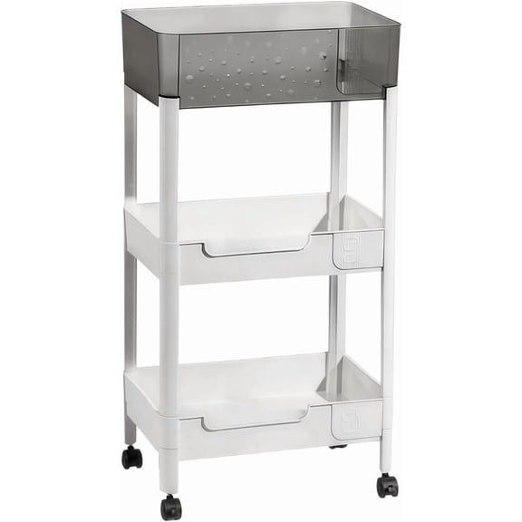 2 Tier Rolling Cart with Wheels for Compact Space Storage, Sturdy Plastic Small Utility Cart for Under Desk Bedside Vanity Bathroom Laundry, Deep Baskets for Tall Bottles