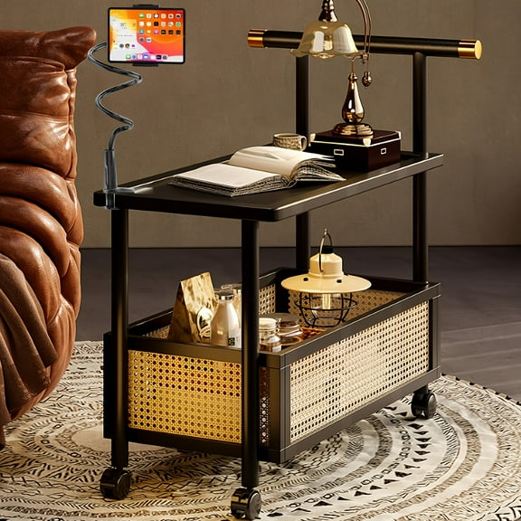 2-Tier Rolling Coffee Table with Wheels - Bamboo Frame & Rattan Basket Storage, Mobile Side Table for Living Room Kitchen Patio Indoor Outdoor Use