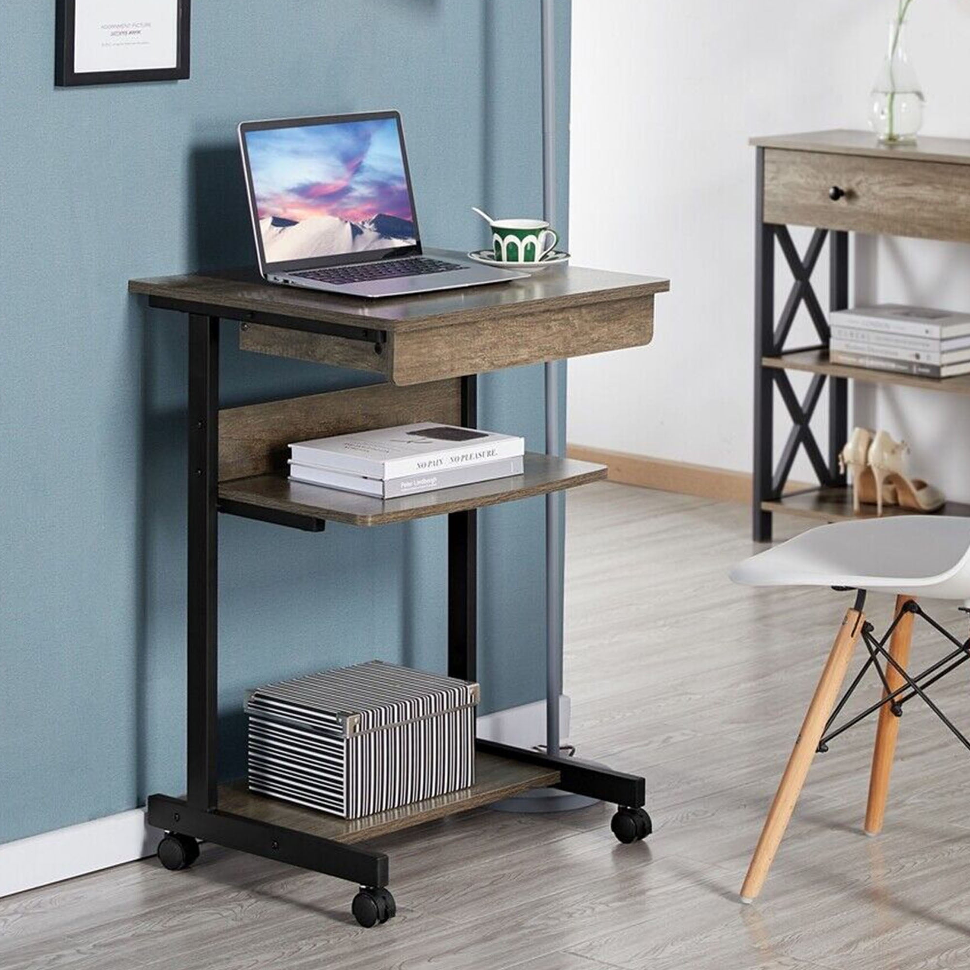 2 Tier Rolling Computer Desk Study Writing Work Table Printer Shelf ...