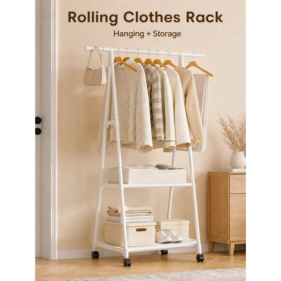 2-Tier Rolling Garment Rack with Hanging Rod, Fabric Storage Shelves and Wheels, Freestanding Clothes Organizer for Bedroom & Closet