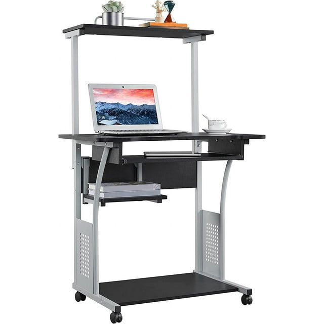 2 Tier Rolling Home Office Computer Desk with Keyboard Tray & Printer