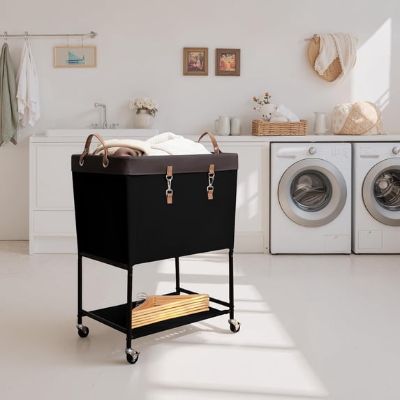 2-Tier Rolling Laundry Basket, Heavy Duty Metal Frame with Lockable Wheels, Large Capacity Clothes Hamper for Bedroom Dorm Closet Organization, Black