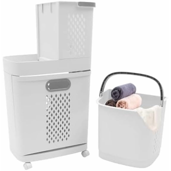 2-Tier Rolling Laundry Basket - Space-Saving Removable Clothes Hamper Organizer with 4 Wheels, Modern Grey/White