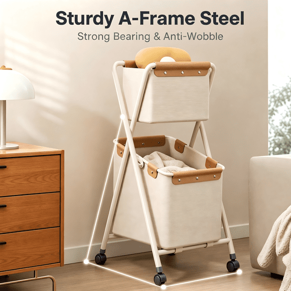 2-Tier Rolling Laundry Hamper, A-Frame Carbon Steel Frame Laundry Basket With Oxford Fabric Bags, Movable Dirty Clothes Storage Cart, Divided Clothes Sorter Organizer For Bedroom, Bathroom