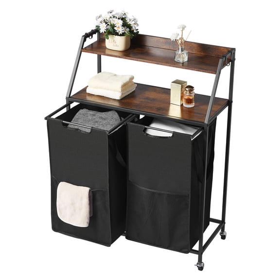 2-Tier Rolling Laundry Sorter with Wood Tabletop, Tall Laundry Hamper with 2 Section Bags & Metal Frame
