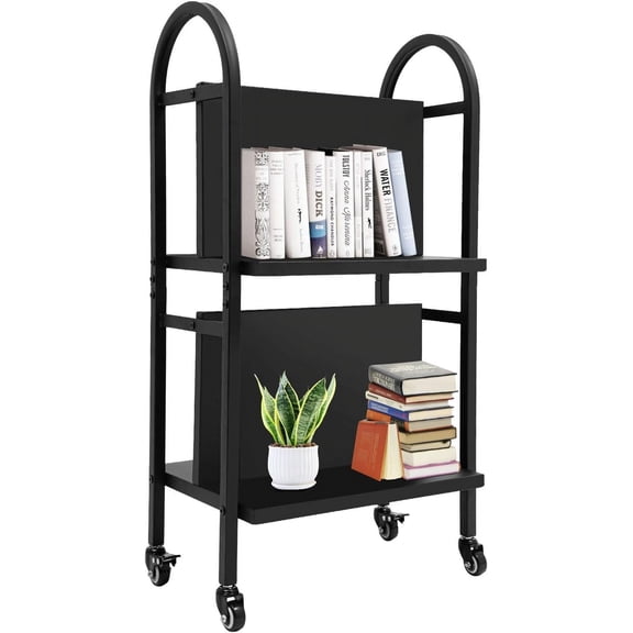 2-Tier Rolling Library Book Cart, 34 Inches Tall, 100LBS Capacity Double Sided for Easy Organization - Versatile Office Book Cart with 4 Lockable Wheels
