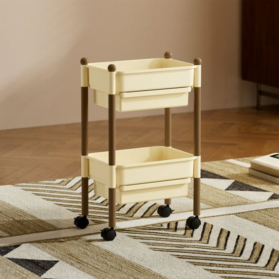2-Tier Rolling Organizer Storage Rack With Drawer ,Bedroom Bathroom Organizers and Storage Office Shelves Mobile Shelving Unit Kitchen Trolley Cart with Wheels, Beige, 62x32.5x25cm