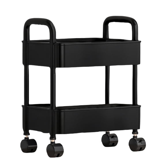 2 Tier Rolling Plastic Storage Trolley Cart, Black Mobile Organizer with Ventilated Moisture Proof Shelves Safe Curved Edge Rolling Casters for Kitchen Bathroom Living Room Snack Book Sundry Storage