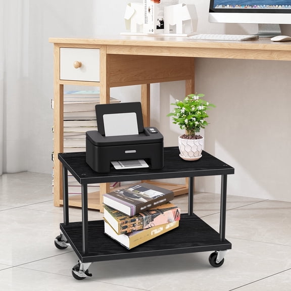 2-Tier Compact Black Rolling Printer Storage Cart Home Office Use