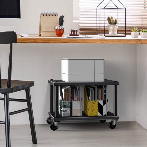 2-Tier Rolling Printer Stand, Black Mobile Under Desk Storage Cart with Locking Wheels for Home Office