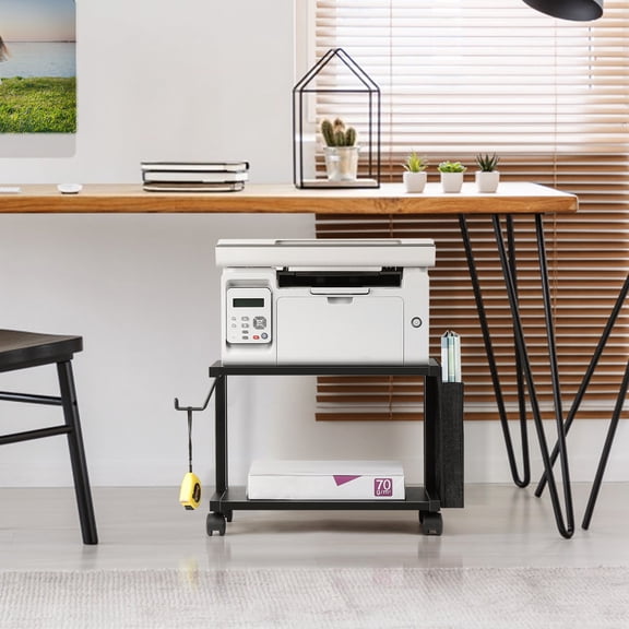 2-Tier Rolling Printer Stand with Storage, Heavy Duty MDF & Steel Frame for Office