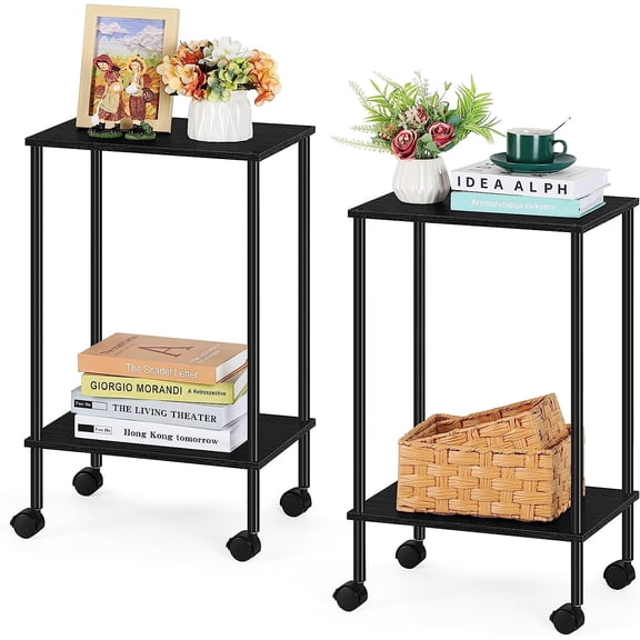 2-Tier Rolling Side End Table, Black Set of 2