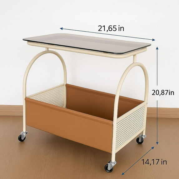 2-Tier Rolling Side Table with Glass Top Storage Basket Mobile End Table for Living Room Bedroom Kitchen Balcony Brown White