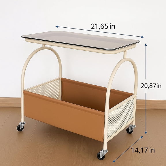 2-Tier Rolling Side Table with Glass Top Storage Basket Mobile End Table for Living Room, Bedroom, Kitchen, Balcony Brown & White