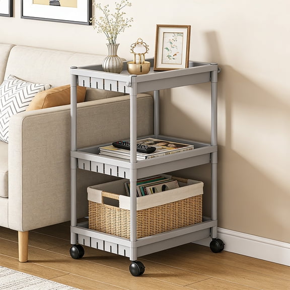 2-Tier Rolling Storage Cart with Wheels & Hooks, White/Gray Plastic Organizer Rack for Living Room, Kitchen, Bathroom | U-Shaped Open Front, Large Capacity Utility Cart Gray