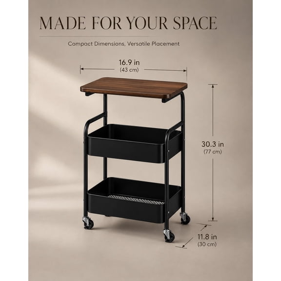 2-Tier Rolling Storage Cart with Wood Top, Black Mobile Utility Cart with Wheels, Compact Storage Organizer Side Table for Kitchen, Bedroom, Bathroom, Laundry Room & Small Spaces