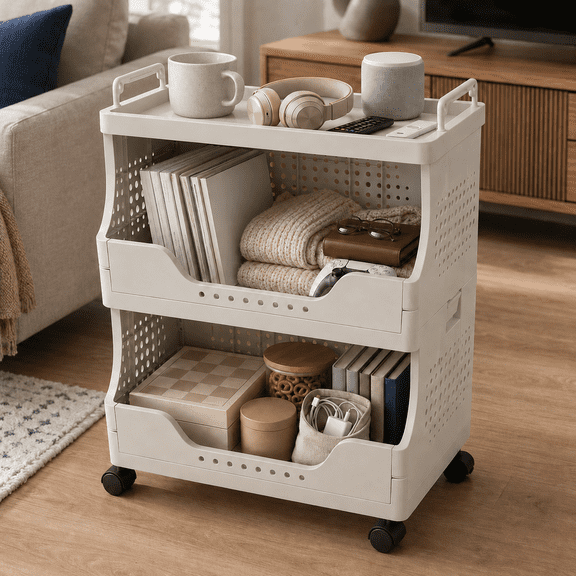 2 Tier Rolling Storage Cart with Wheels, Large Capacity Organizer Bin with Handles, Mobile Storage Basket for Bedroom, Bathroom, Living Room and Dorm