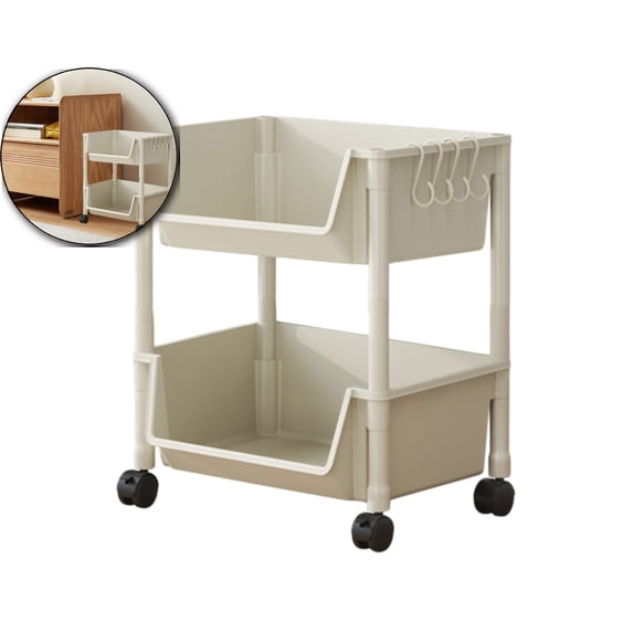 2 Tier Rolling Storage Trolley, Mobile Bathroom Organizer Cart, Plastic Kitchen Shelving Unit for Laundry Room Garage Use