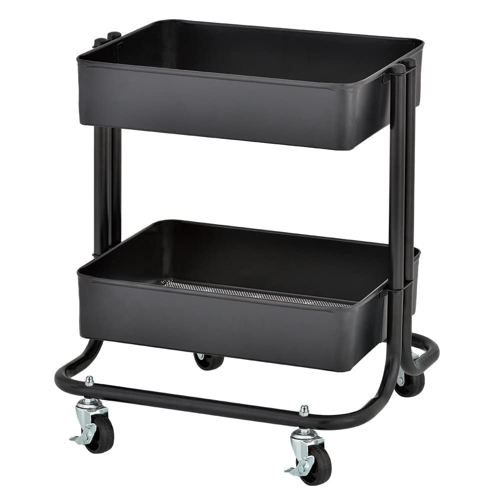 Black Metal 2-Tier Rolling Utility Storage Cart