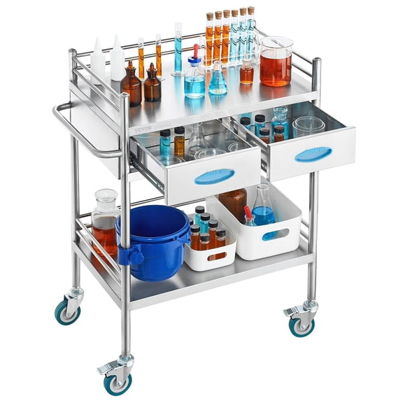 2-Tier Rolling Utility Cart for Lab & Hospital - Stainless Steel Medical Cart with Lockable Wheels, Drawers & Bucket - Dental Serving Cart