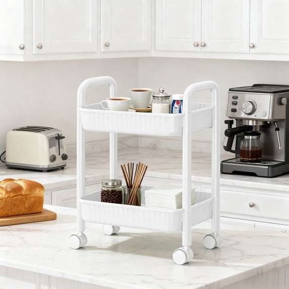 2-Tier Rolling Utility Cart with Handles and Locking Swivel Casters, Plastic Storage Organizer Trolley for Kitchen Office Bedroom White