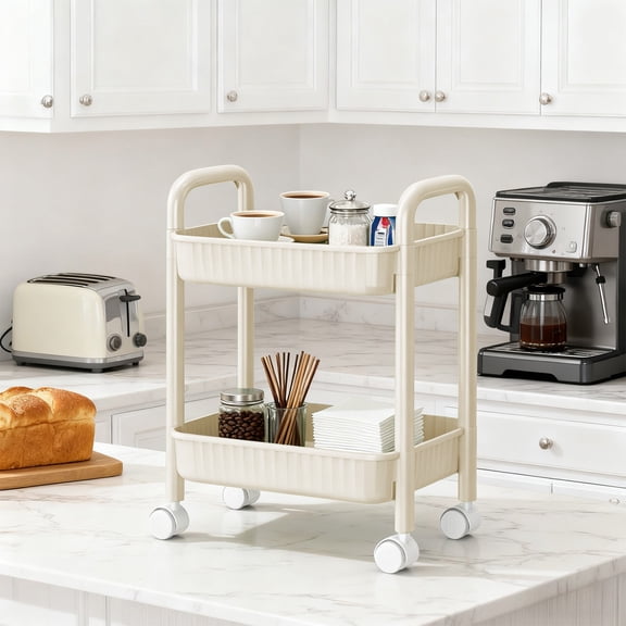 2-Tier Rolling Utility Cart with Handles and Locking Swivel Casters, Plastic Storage Organizer Trolley for Kitchen Office Bedroom Yellow