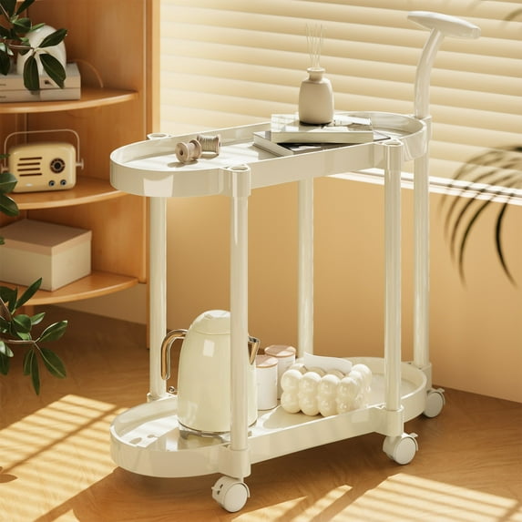 2 Tier Rolling Utilitys Trolley Cart, Service Carts with Handle and Wheels, Large Capacity Layered Storage Rack with Wheels, Multifunctional Storage Organizer Snack Shelf with Wheels