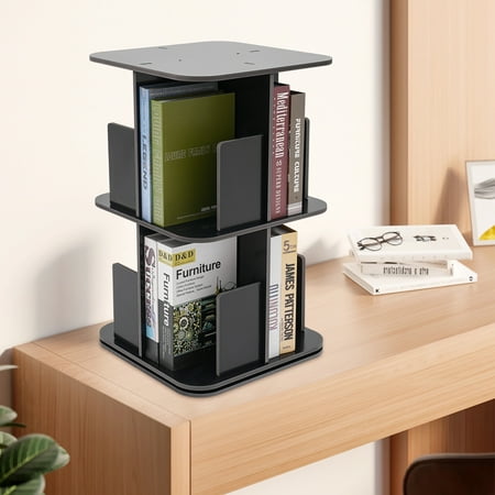 2-Tier Rotatable Bookshelf, 360° Rotation, Space-Saving PVC Design, Adjustable Storage for Home & Office, Holds Up to 44 lbs per Tier