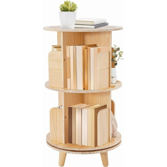 2 Tier Rotating Bookshelf, 360 Display 2 Tier Floor Standing Bookcase Storage Rack, Round Rotating Bookshelf Organizer for Bedroom, Living Room, Study Room (Wood)