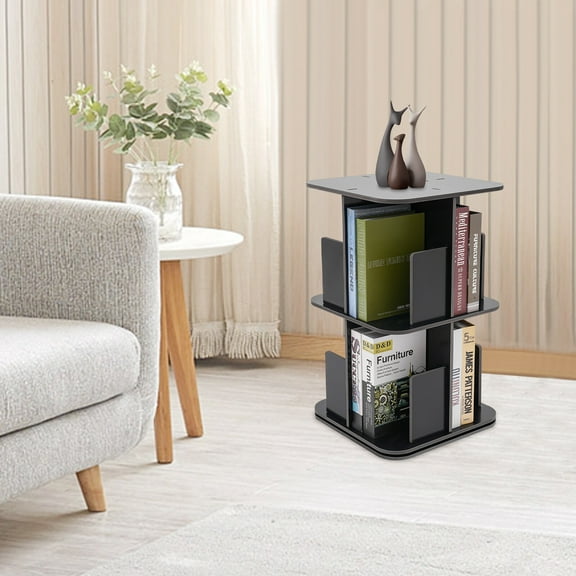 2 Tier Rotating Bookshelf, Corner Bookshelf for Small Space, Standing Bookshelf Organizer with 4 Compartments, Narrow Book Shelf Tower Organizer Space Saving for Bedroom, Living Room (Black)