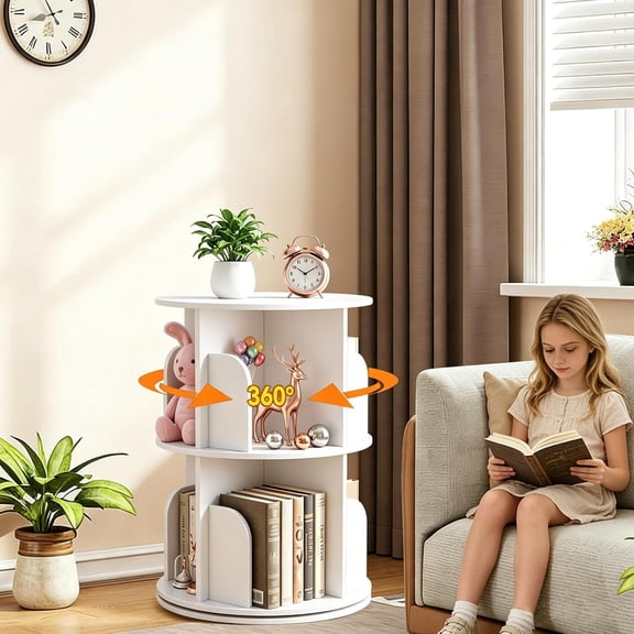 2 Tier Rotating Bookshelf Tower 360 Degree Spinning Round Carousel Storage Organizer