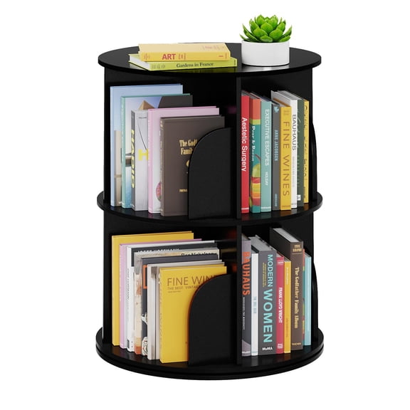 2 Tier Rotating Bookshelf Tower  Spinning Bookcase Lazy Susan Revolving 360 Book Shelf Storage Round Carousel Vertical Rotate Turning Spiral Corner Organizer Black