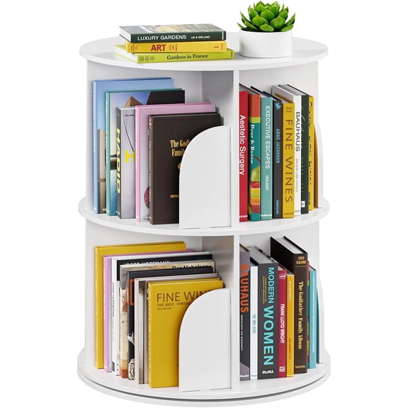 2 Tier Rotating Bookshelf Tower, Spinning Bookcase Lazy Susan, Revolving 360 Book Shelf Storage Round Carousel, Vertical Rotate Turning Spiral Corner Organizer, White