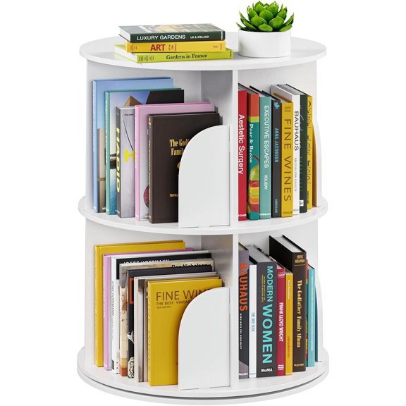 2 Tier Rotating Bookshelf Tower, Spinning Bookcase Lazy Susan, Revolving 360 Book Shelf Storage Round Carousel, Vertical Rotate Turning Spiral Corner Organizer, White
