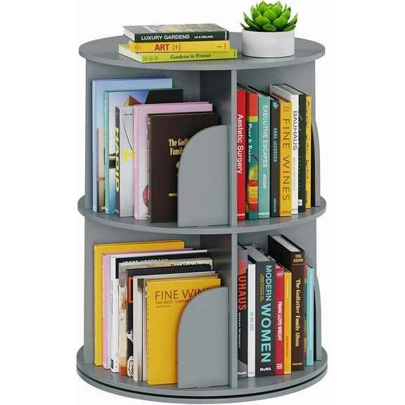 2 Tier Rotating Bookshelf Tower, Spinning Bookcase Lazy Susan, Revolving 360 Book Shelf Storage Round Carousel, Vertical Rotate Turning Spiral Corner Organizer, Gray