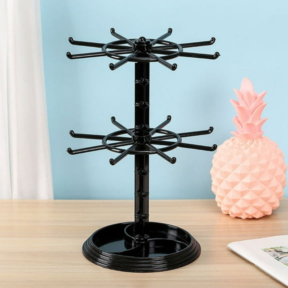 2 Tier Rotating Bracelet Display Stand - Black Jewelry Rack with 16 Hooks Adjustable Height Stable Base Multipurpose Ring & Keychain Holder