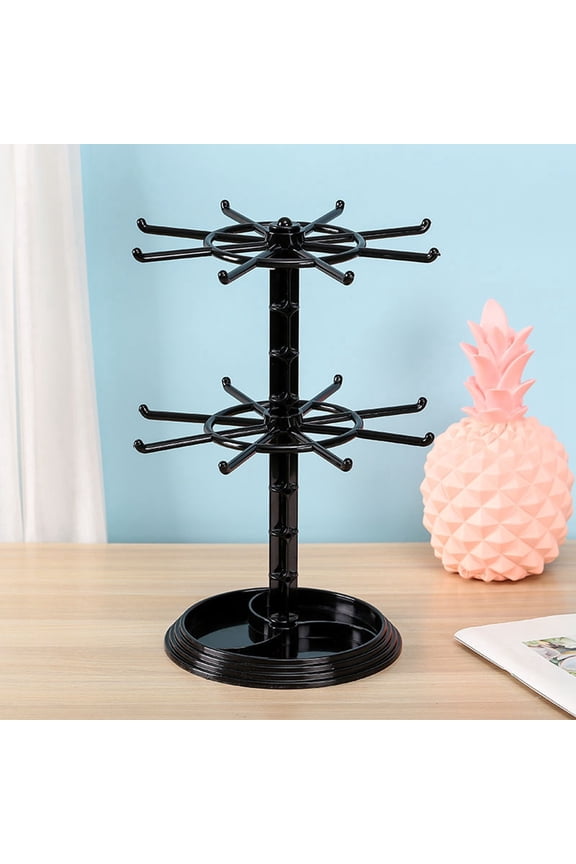 2-Tier Rotating Bracelet Display Stand with 16 Hooks, Adjustable Height, for Jewelry, Keychains, Store Counter, Black, Stable Base - Black