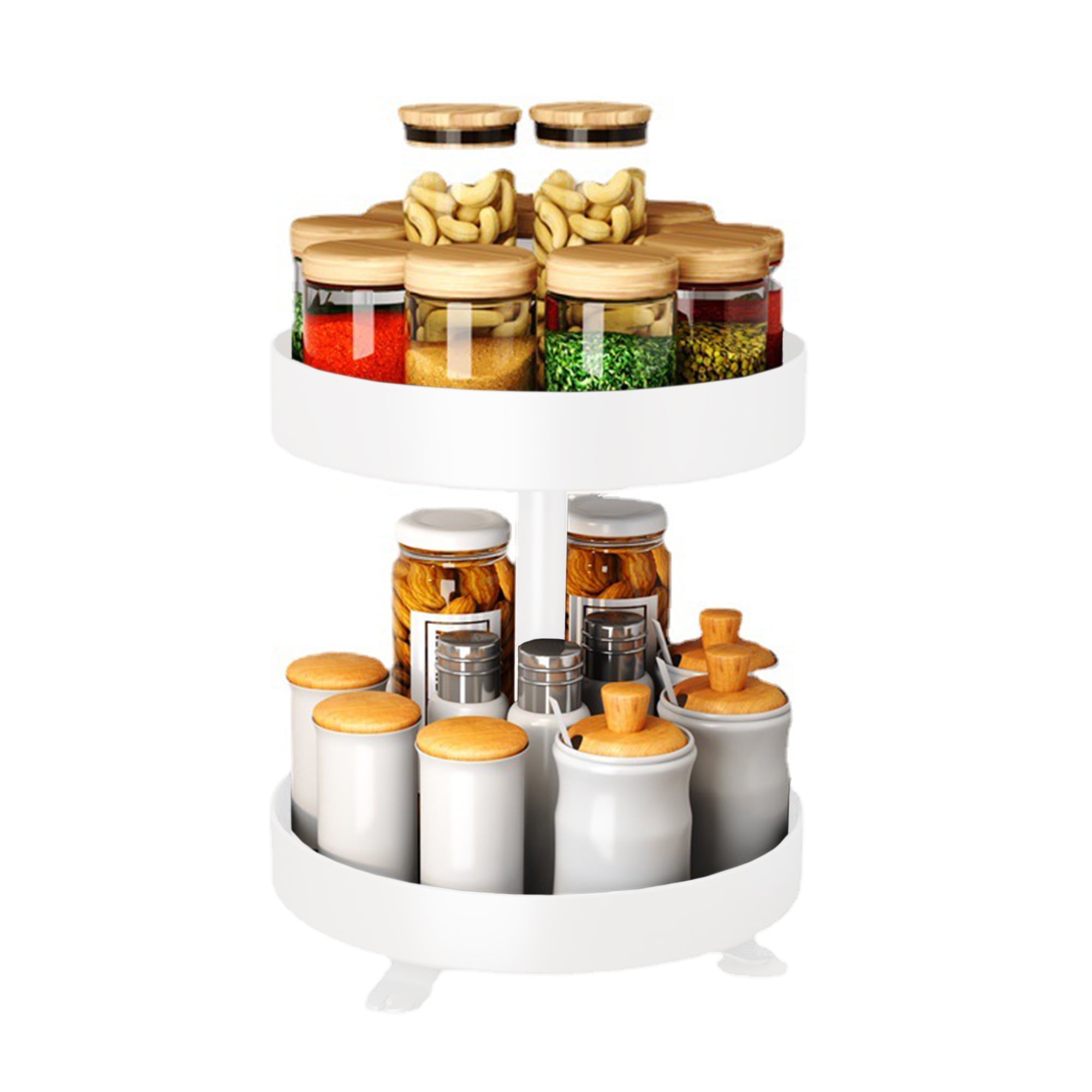 2 Tier Rotating Spice Rack 10 inch Spinning Spice Organizer Kitchen Counter Storage White