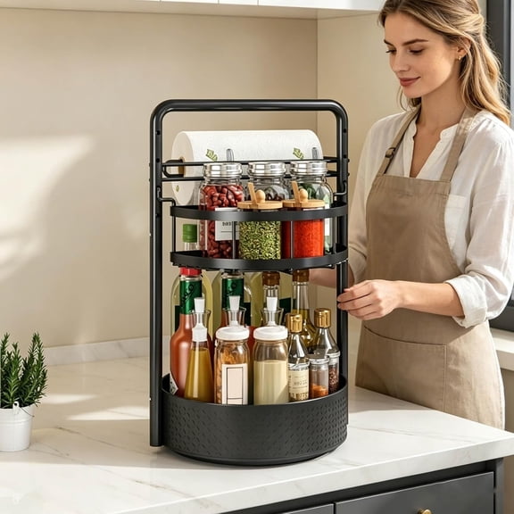 2 Tier Rotating Spice Rack with Paper Towel Holder, Iron Lazy Susan Organizer, 360° Turntable Seasoning Rack for Kitchen Countertop Cabinet Storage (Black)M