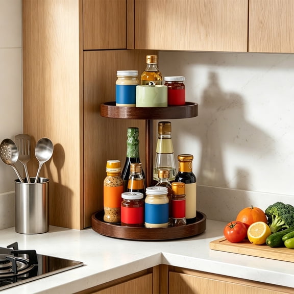 2 Tier Rotating Wooden Serving Tray Round Revolving Display Stand, Home Decor for Desserts Cosmetics, Heavy Duty Turntable with Non Slip Surface, 360 Degree Rotation