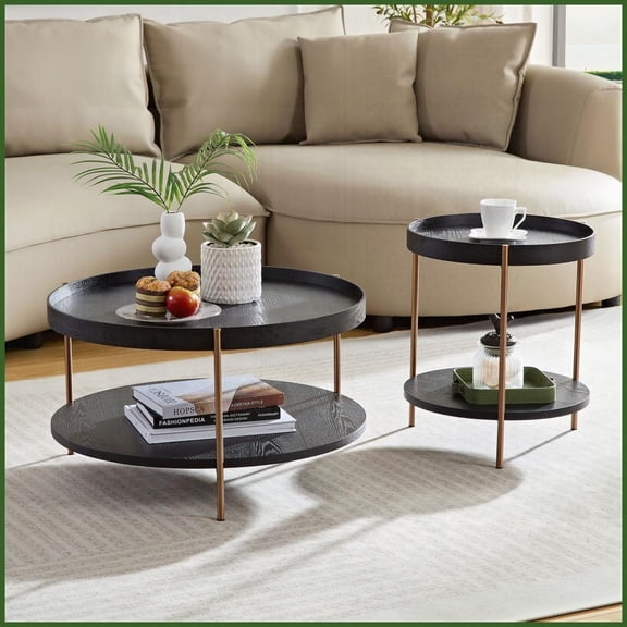 2-Tier Round Black MDF Coffee Table Set for Living Room, Space-Saving Nesting, Easy Assembly